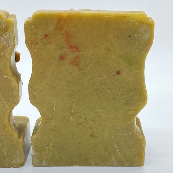 Vintage Pair of Hand-Carved Green Soapstone Bookends Phoenix Bird Lotus Flower - Picture 12 of 16